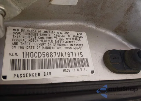 1997 Honda Accord Value z USA, uszkodzony, nr VIN 1HGCD5687VA167115